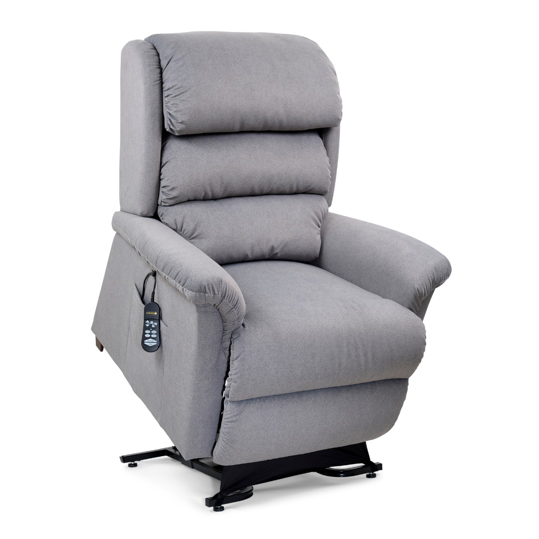 The Golden Tech PR766 Relaxer MaxiComfort Recliner With Lift Assist - Small features plush gray upholstery, padded armrests, a high backrest, and a black metal base. It includes a programmable AutoDrive Hand Control for seamless adjustments, blending comfort and functionality.